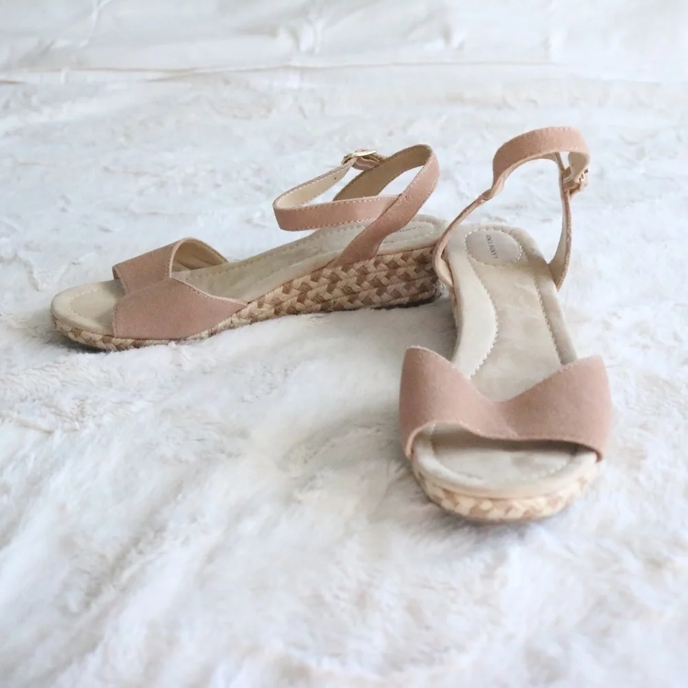 Lands' End Dusty Pink Suede Ankle Strap Wedge Heel Shoes